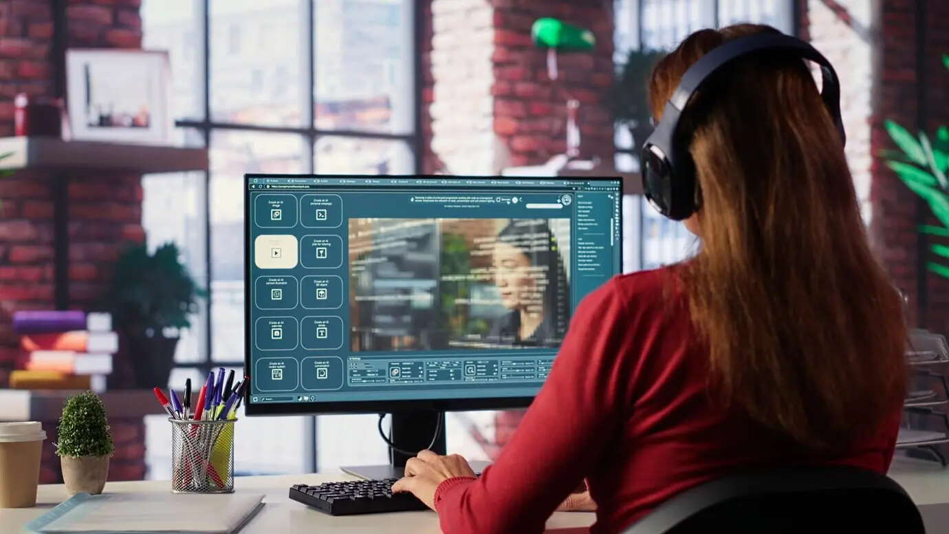 Erfahrener Entwickler schreibt Cloud-Computing-Code mit KI-Chatbot am PC.